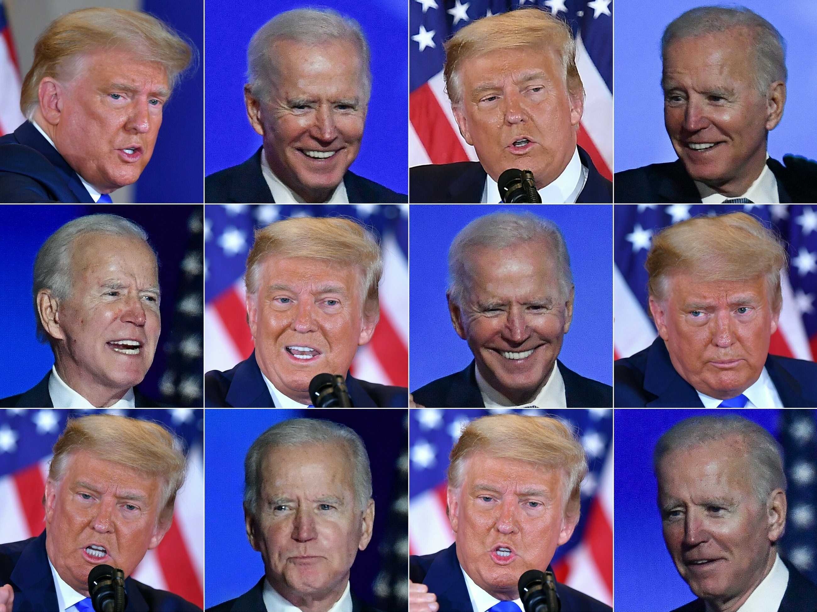 Uma combinação de fotos de Trump e Biden durante o debate presidencial final, contra um fundo azul. 