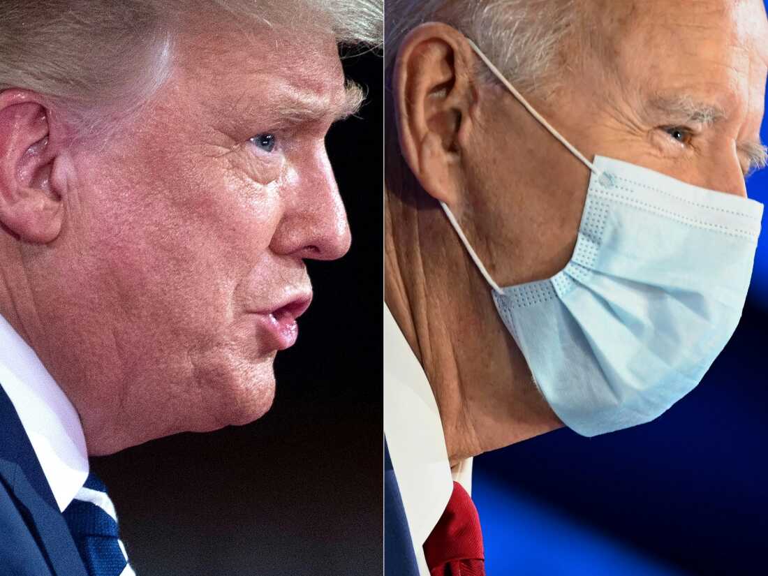 Fotos lado a lado de Trump e Biden, este último usando uma máscara facial.