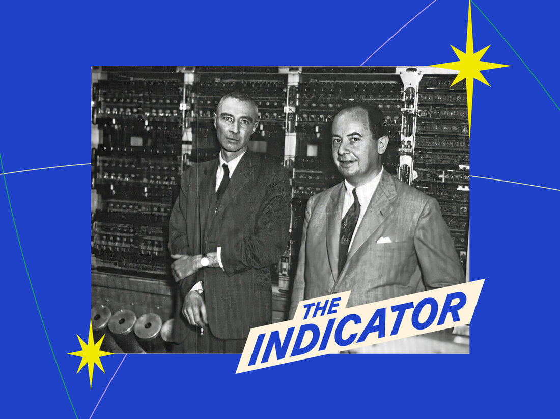 J. Robert Oppenheimer (à esquerda) e John von Neumann na inauguração, em outubro de 1952, do computador construído para o Instituto de Estudos Avançados.