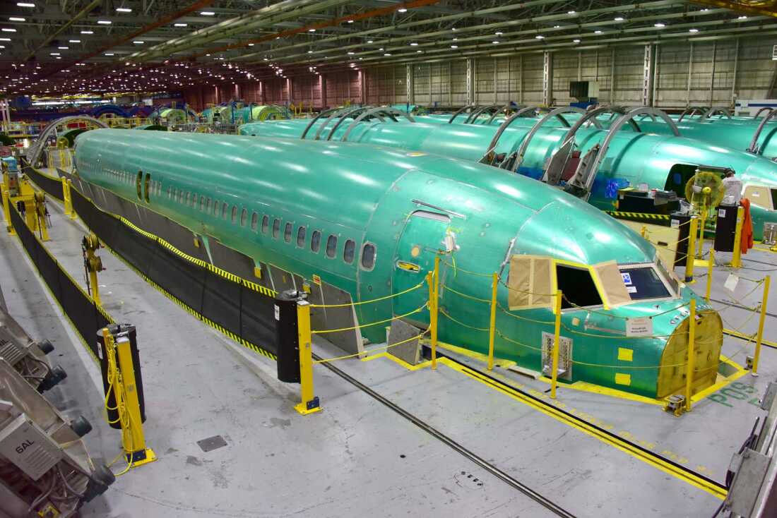 Fuselagens inacabadas do Boeing 737 durante a produção na fábrica da Spirit AeroSystems em Wichita, Kansas.