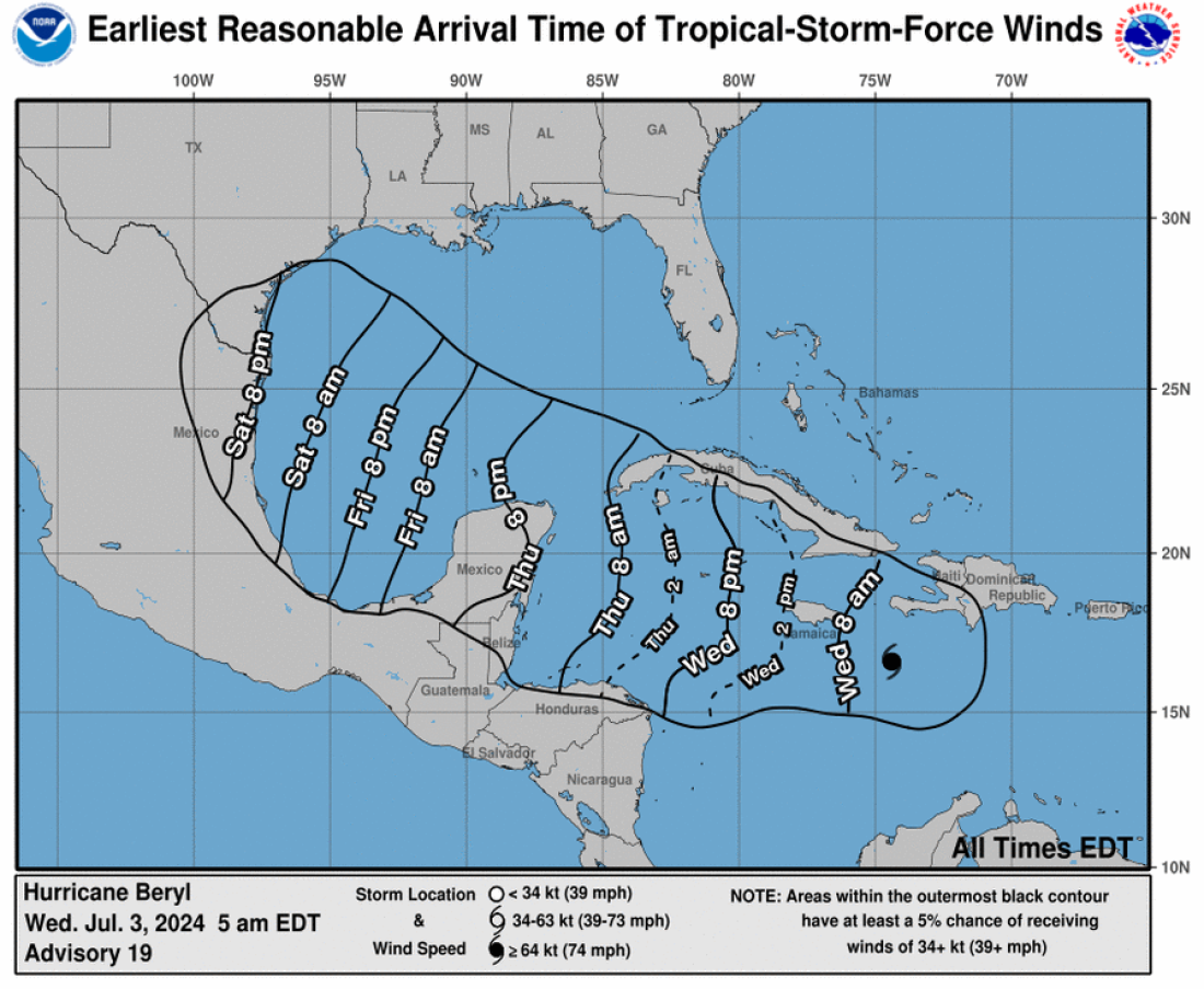 Um gráfico do Centro Nacional de Furacões mostra o tempo esperado de chegada dos ventos fortes do furacão Beryl, que se aproxima das partes orientais do México e do Texas no fim de semana.